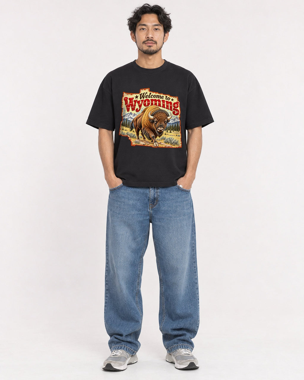 Mockup Boxy Heavyweight Tee Black male full-body 02
