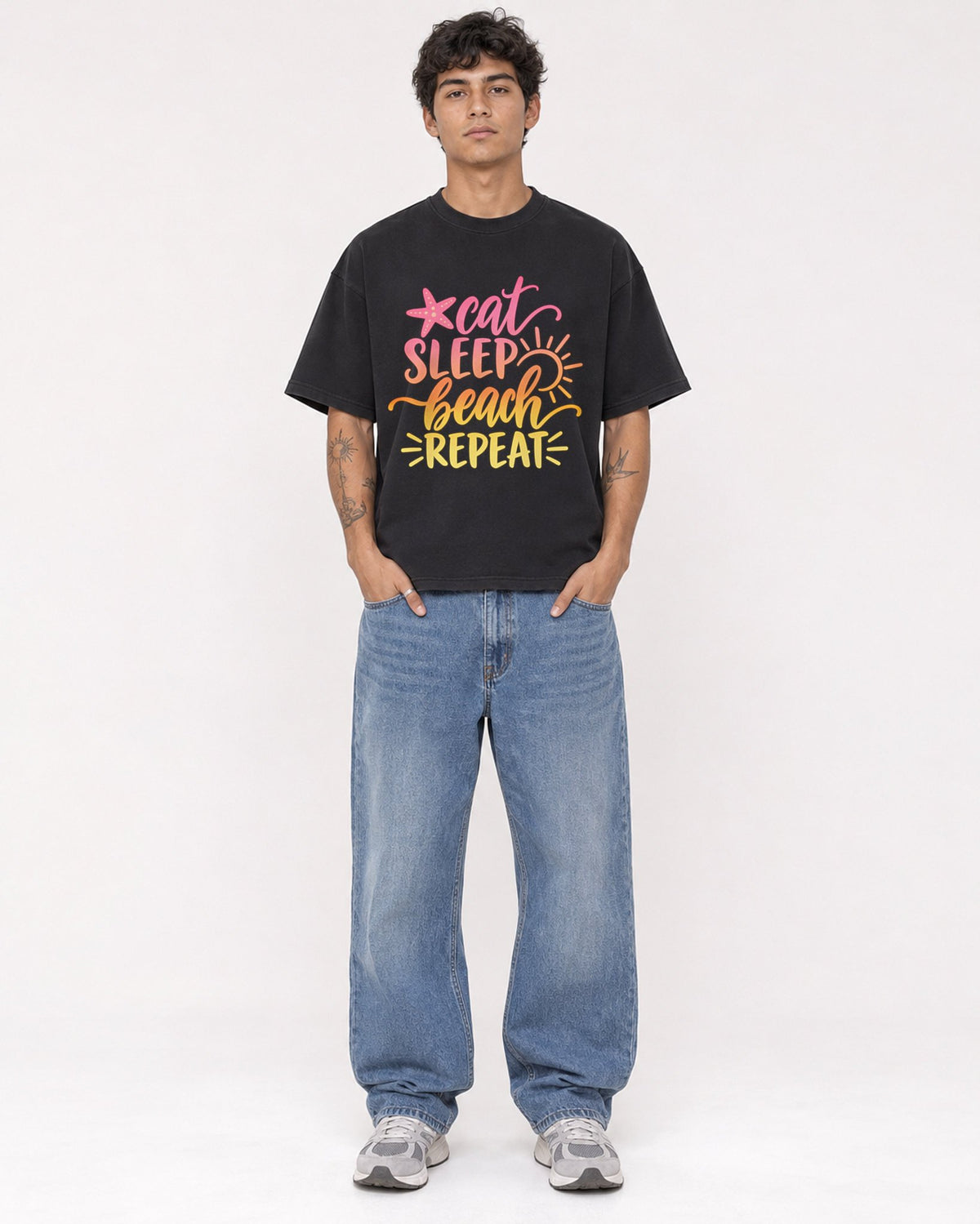 Mockup Boxy Heavyweight Tee Black male full-body 06