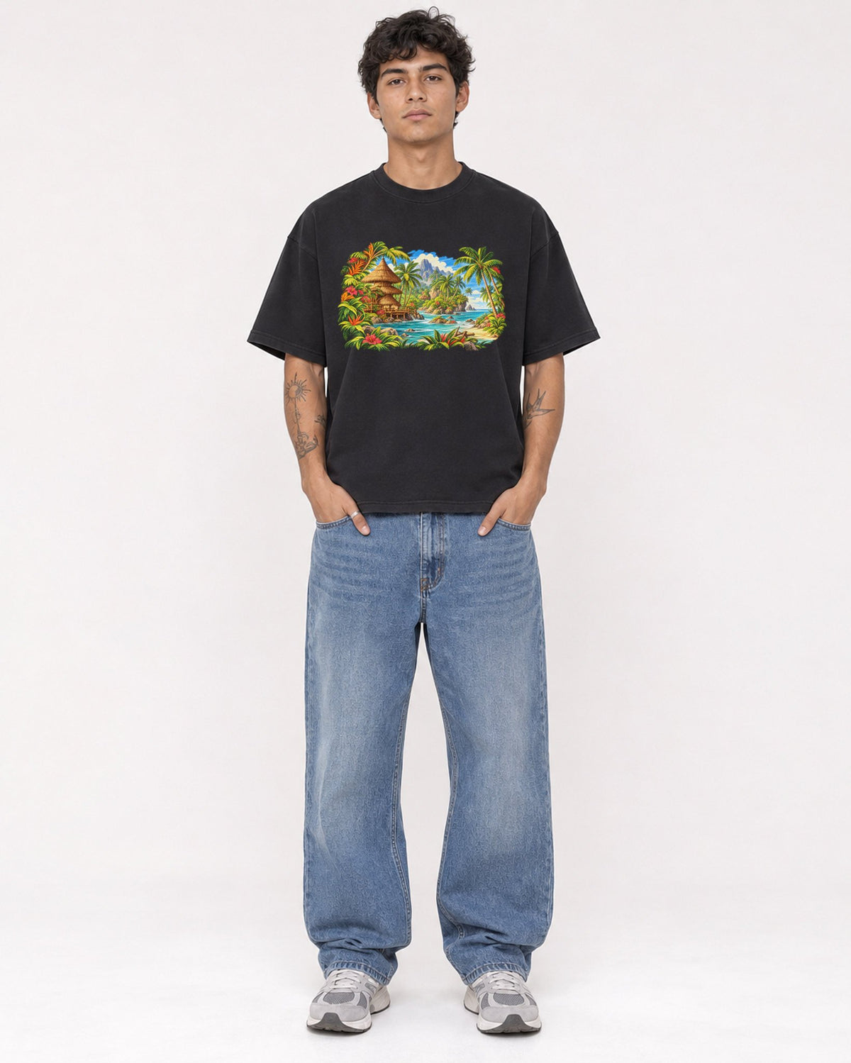 Mockup Boxy Heavyweight Tee Black male full-body 06