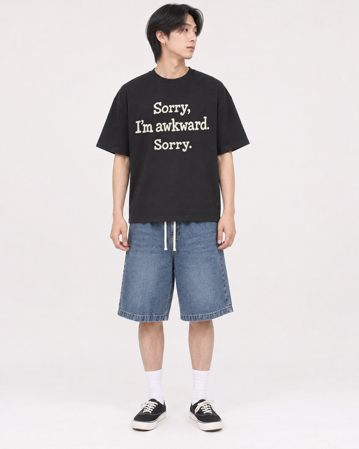 Mockup Boxy Heavyweight Tee Black male full-body 11