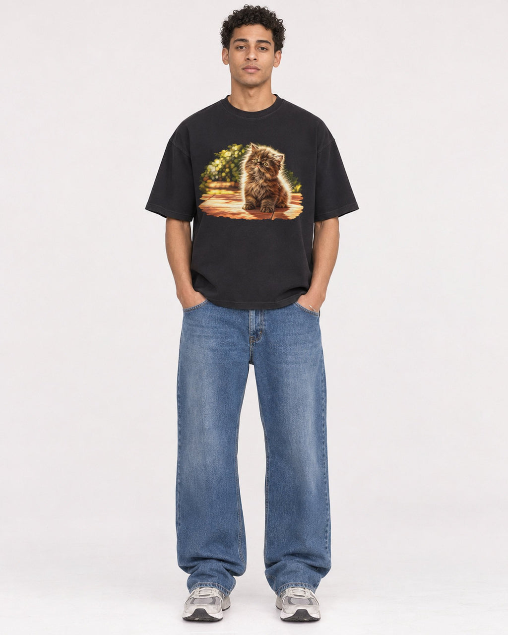 Mockup Boxy Heavyweight Tee Black male full-body 10