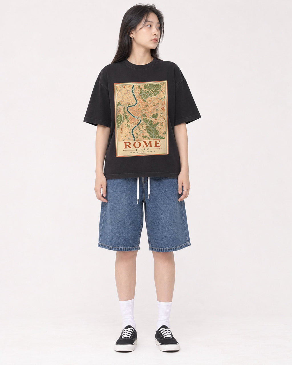 Mockup Boxy Heavyweight Tee Black female full-body 01