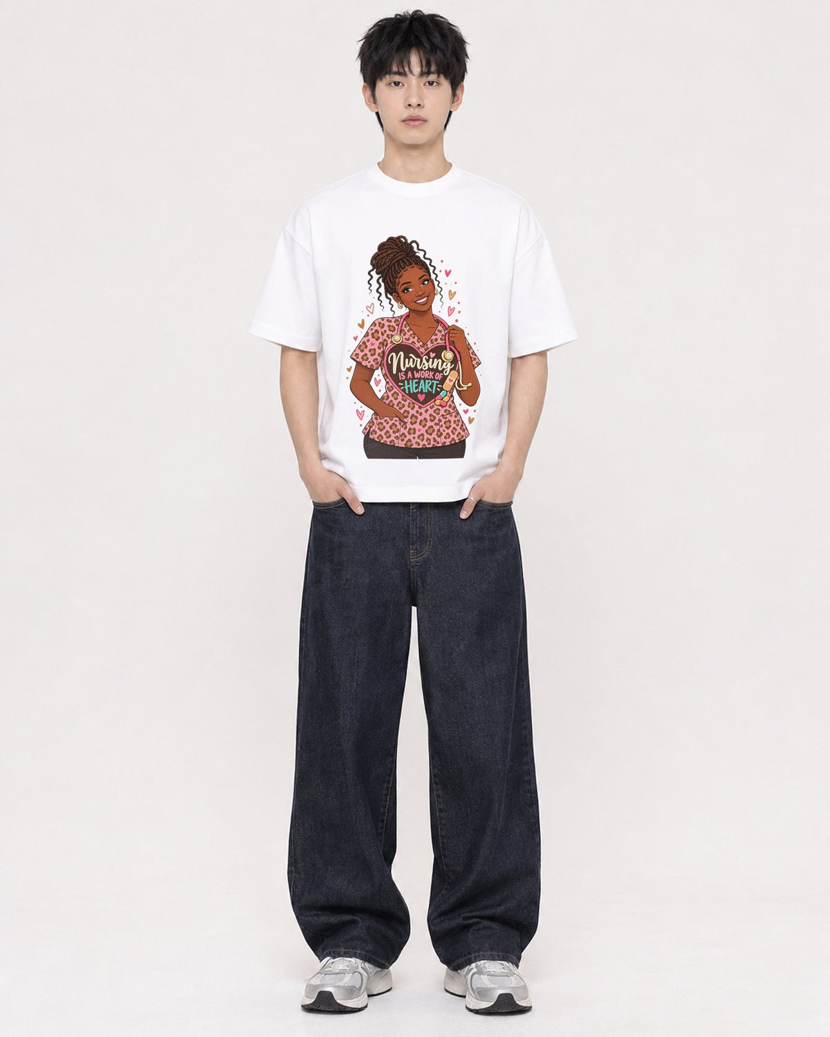 Mockup Boxy Heavyweight Tee White male full-body 01
