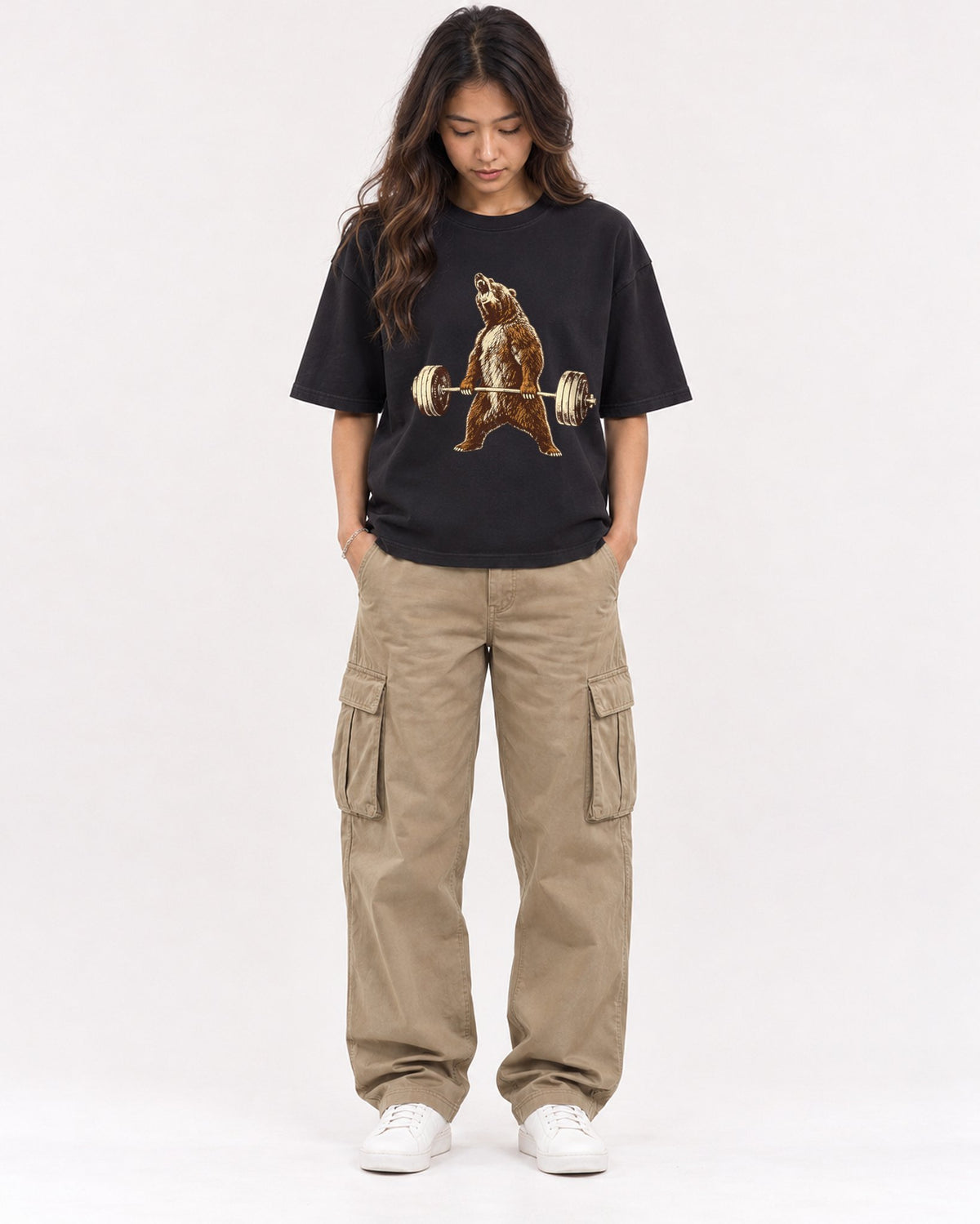 Mockup Boxy Heavyweight Tee Black female full-body 02