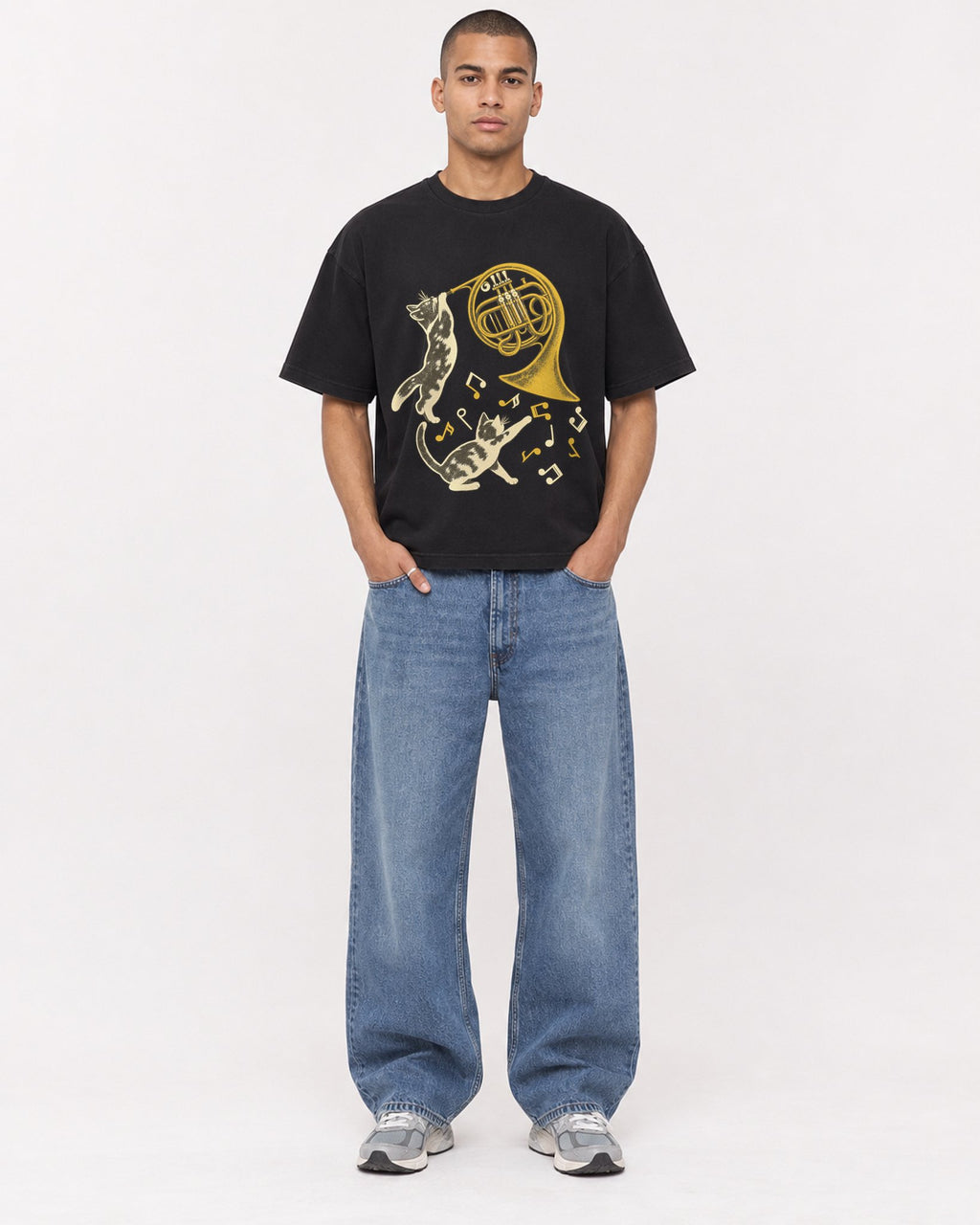Mockup Boxy Heavyweight Tee Black male full-body 50