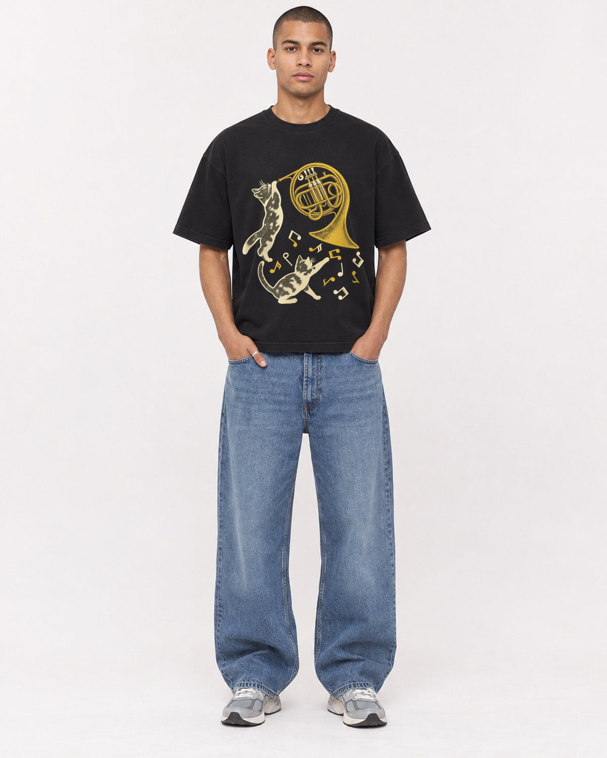 Mockup Boxy Heavyweight Tee Black male full-body 50