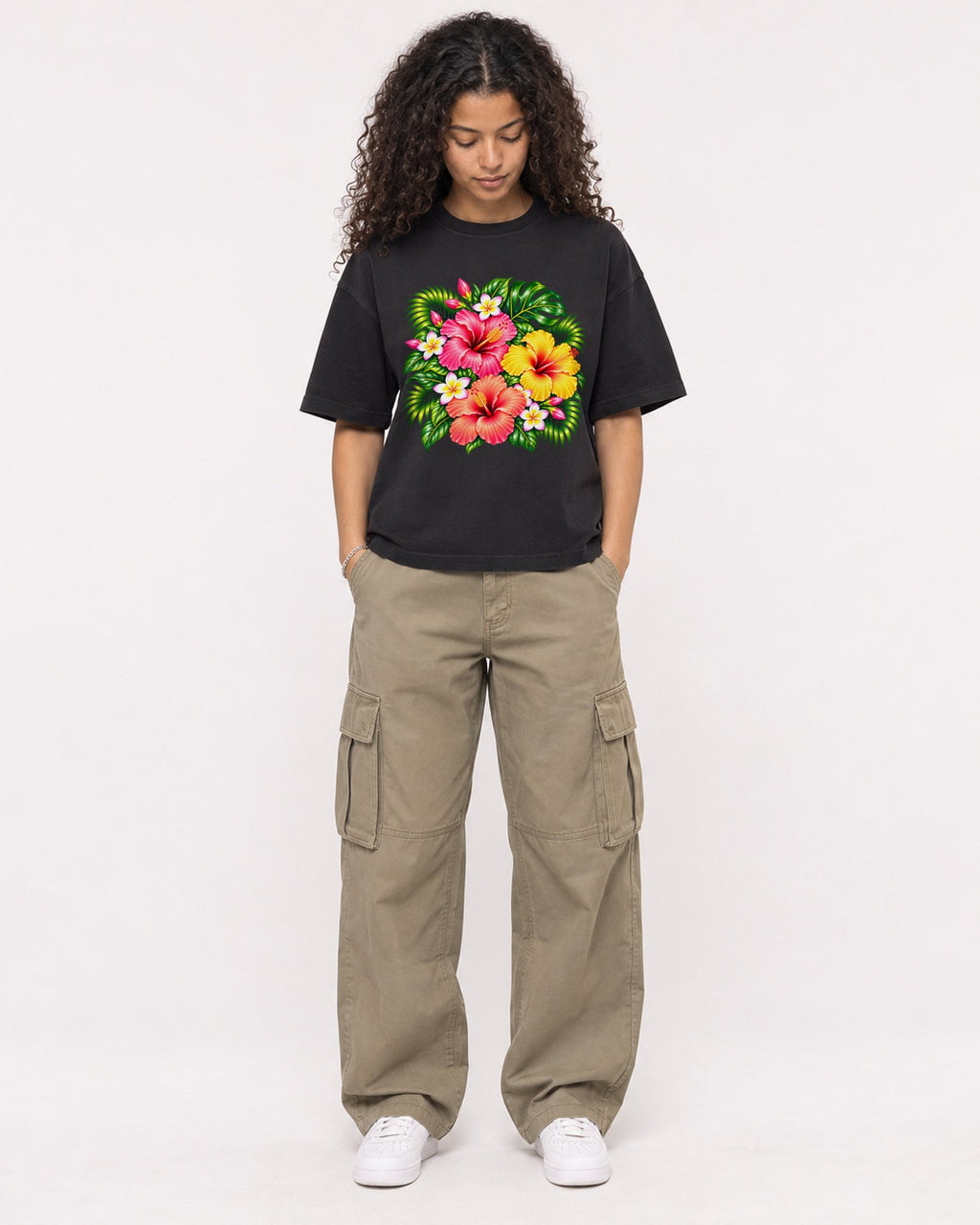 Mockup Boxy Heavyweight Tee Black female full-body 10