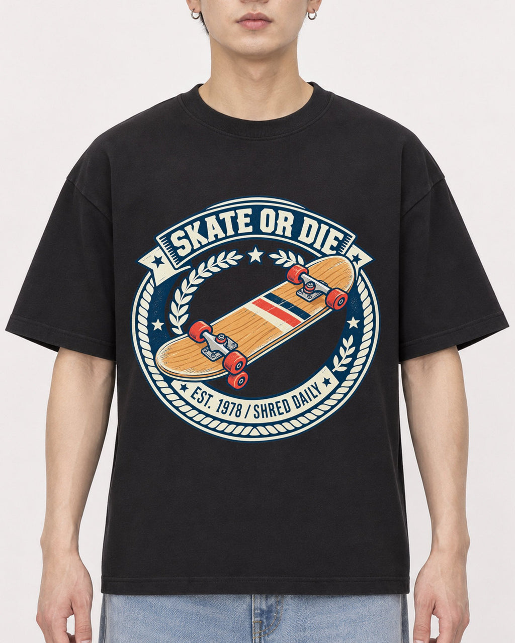 Mockup Boxy Heavyweight Tee Black male close-up 01
