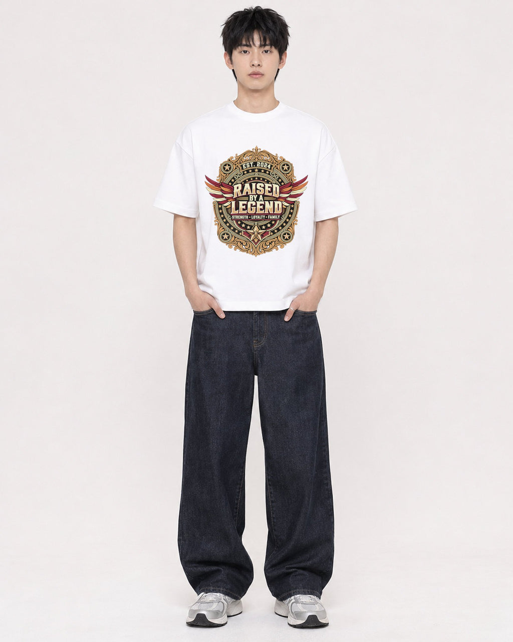Mockup Boxy Heavyweight Tee White male full-body 01