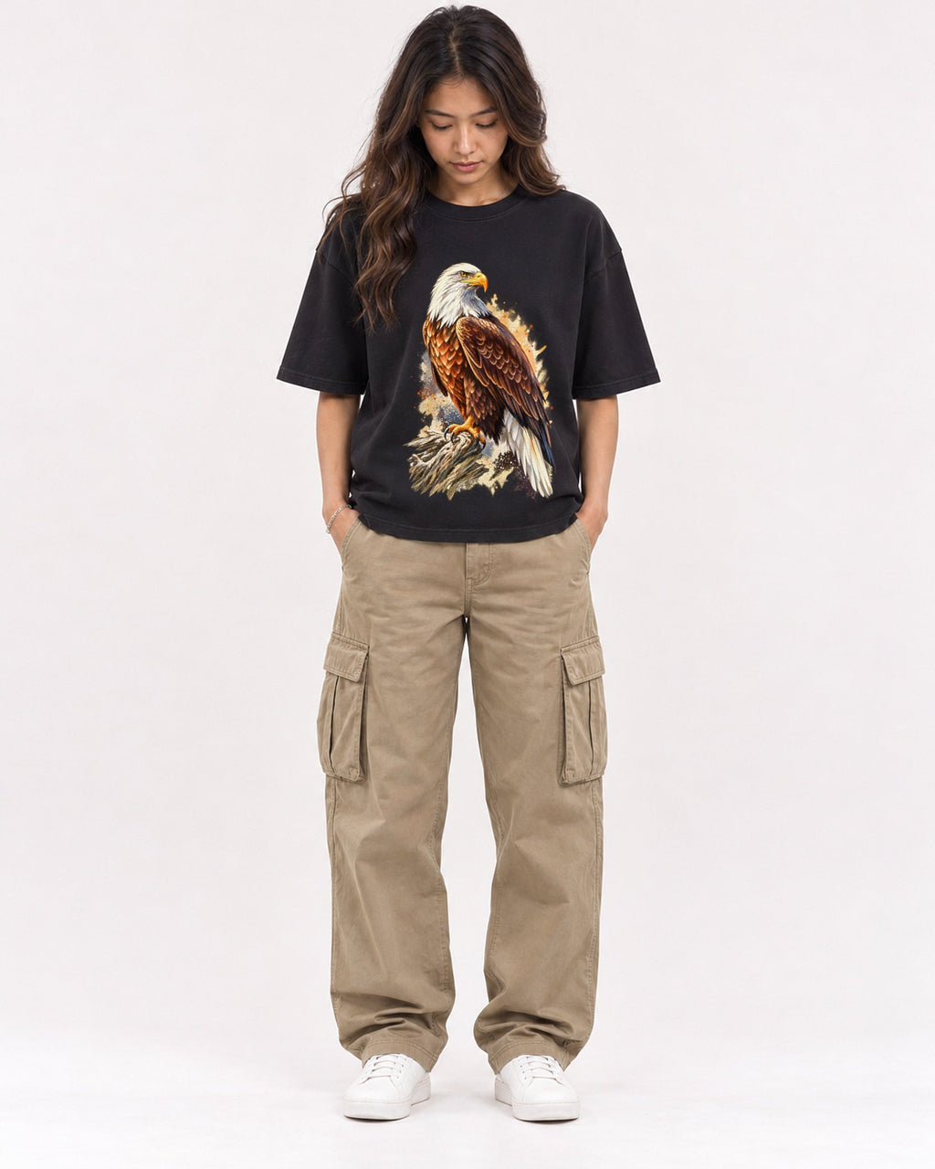 Mockup Boxy Heavyweight Tee Black female full-body 02