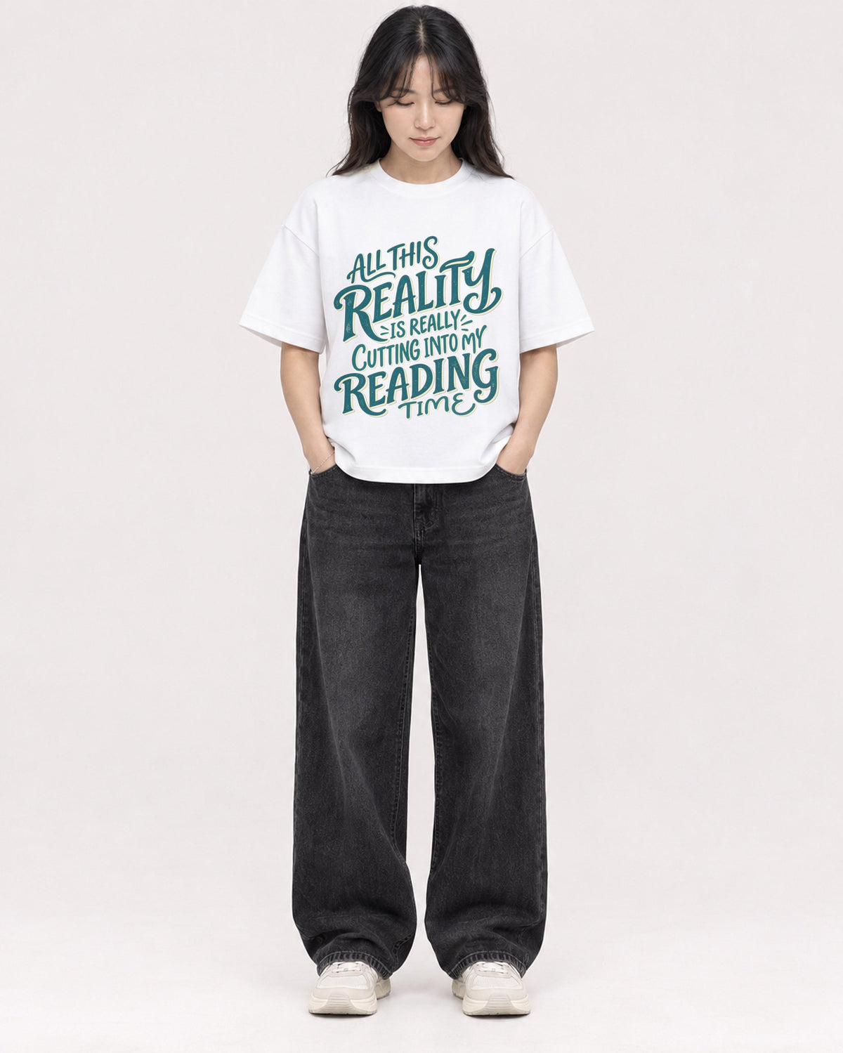Mockup Boxy Heavyweight Tee White female full-body 13