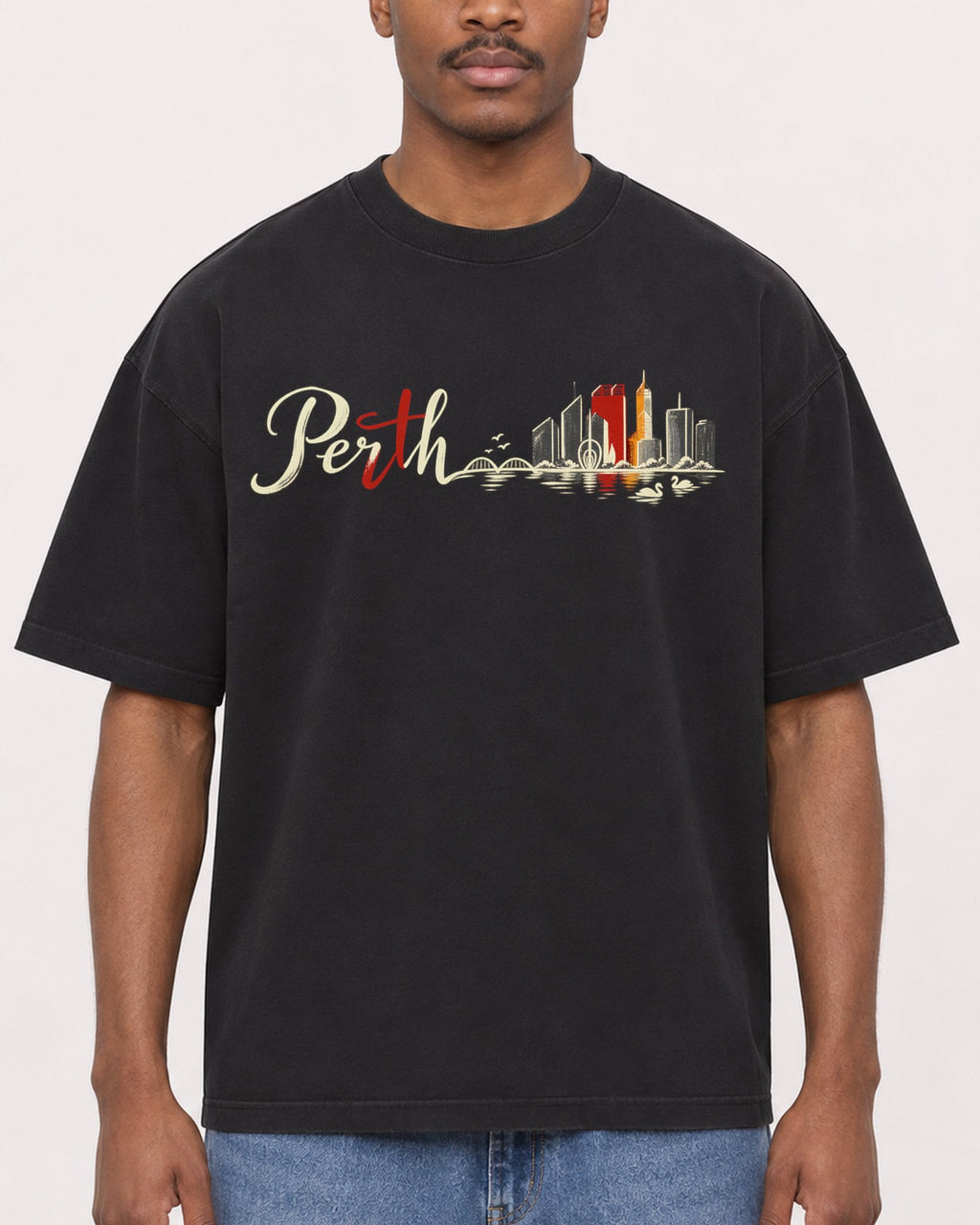 Mockup Boxy Heavyweight Tee Black male close-up 14