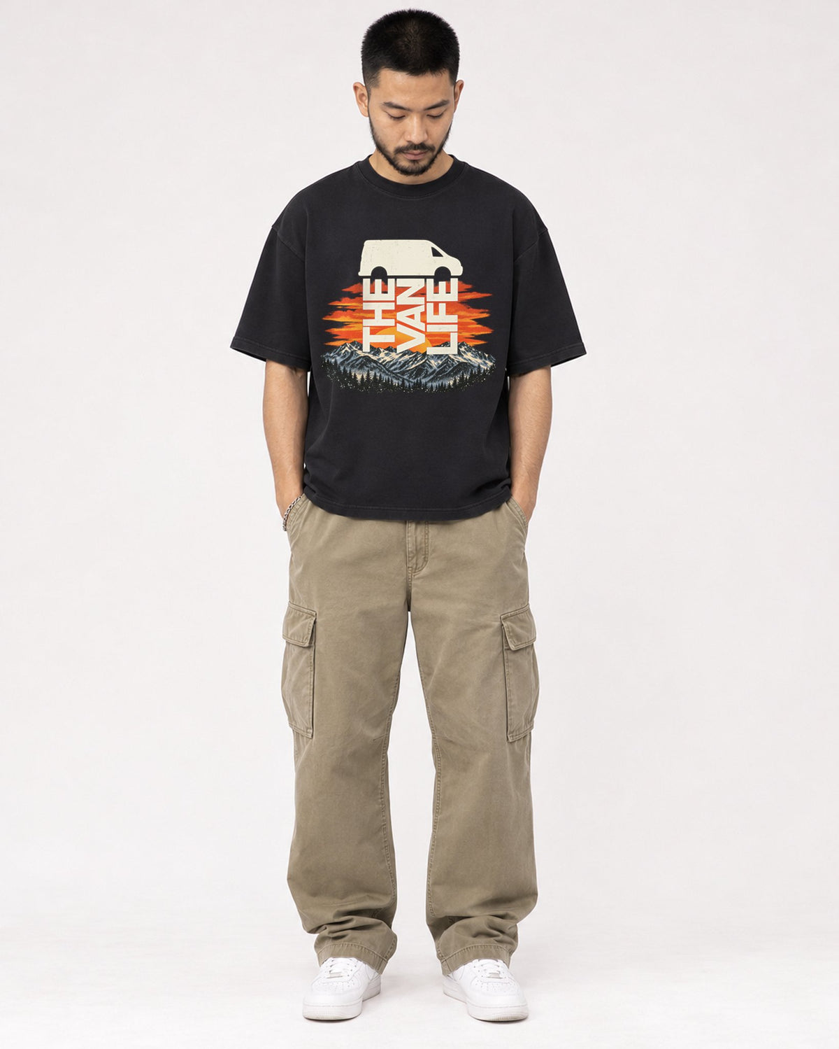 Mockup Boxy Heavyweight Tee Black male full-body 32