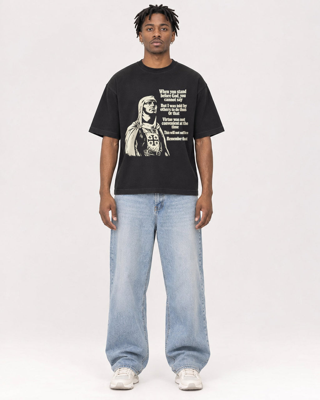 Mockup Boxy Heavyweight Tee Black male full-body 05
