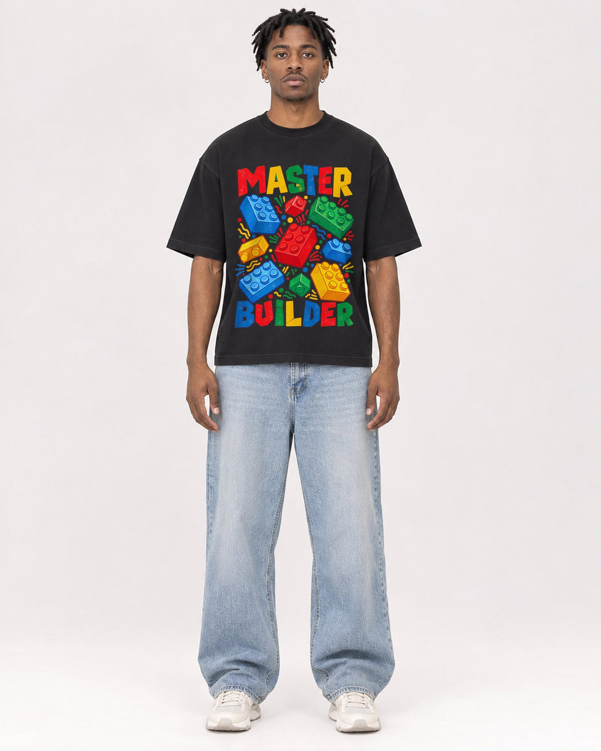 Mockup Boxy Heavyweight Tee Black male full-body 05