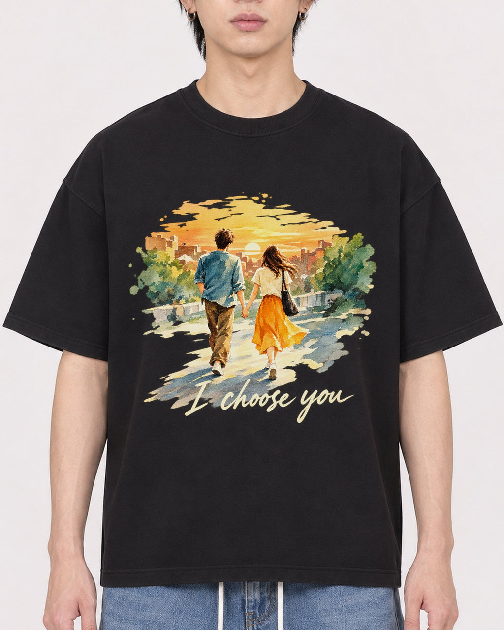 Mockup Boxy Heavyweight Tee Black male close-up 11