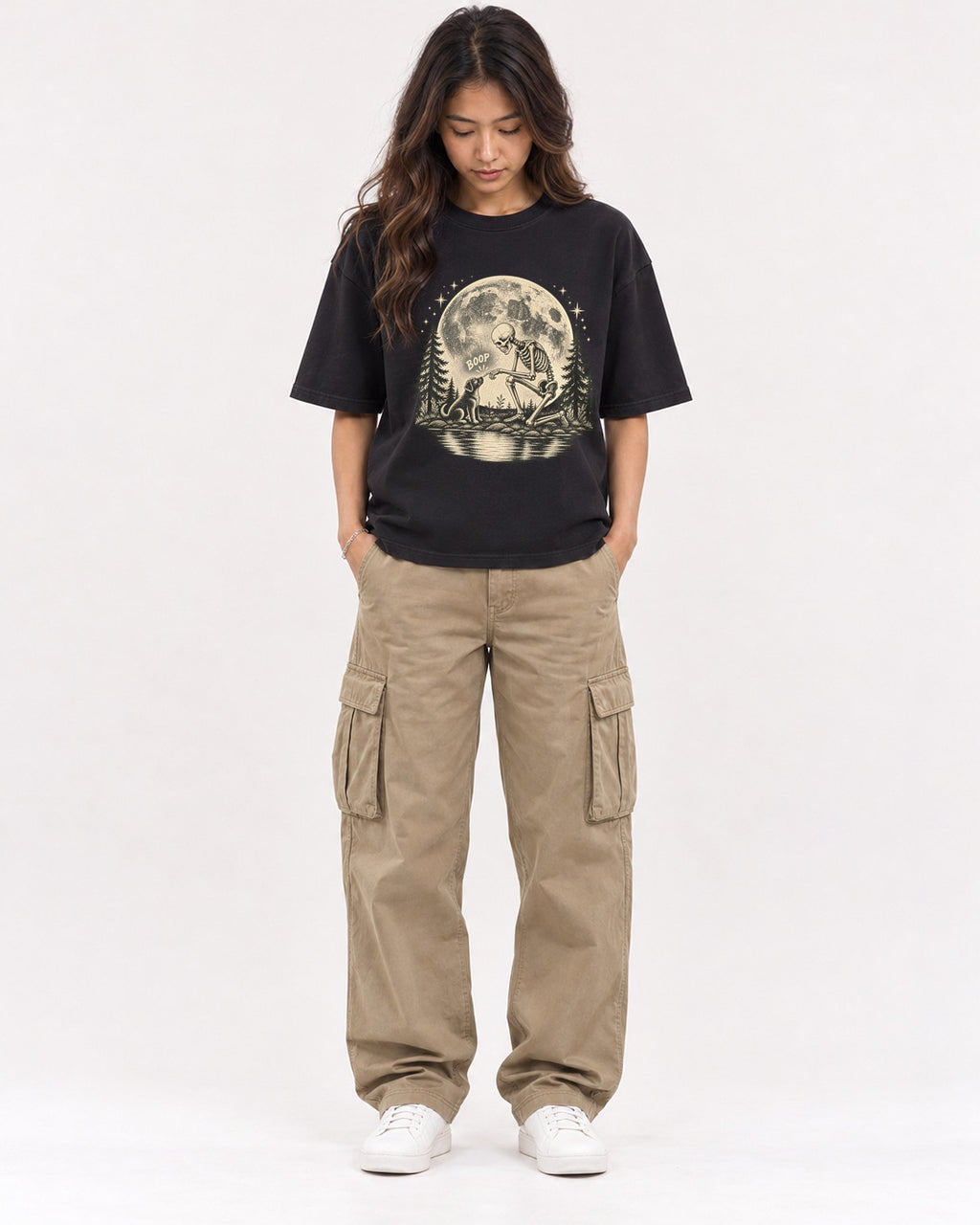 Mockup Boxy Heavyweight Tee Black female full-body 02