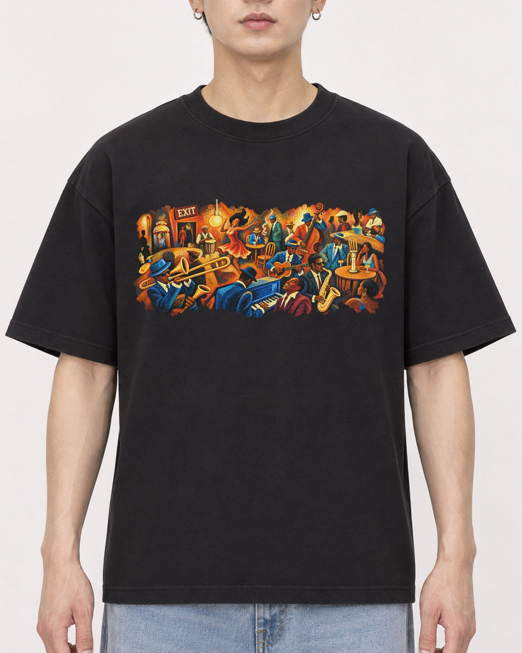 Mockup Boxy Heavyweight Tee Black male close-up 01