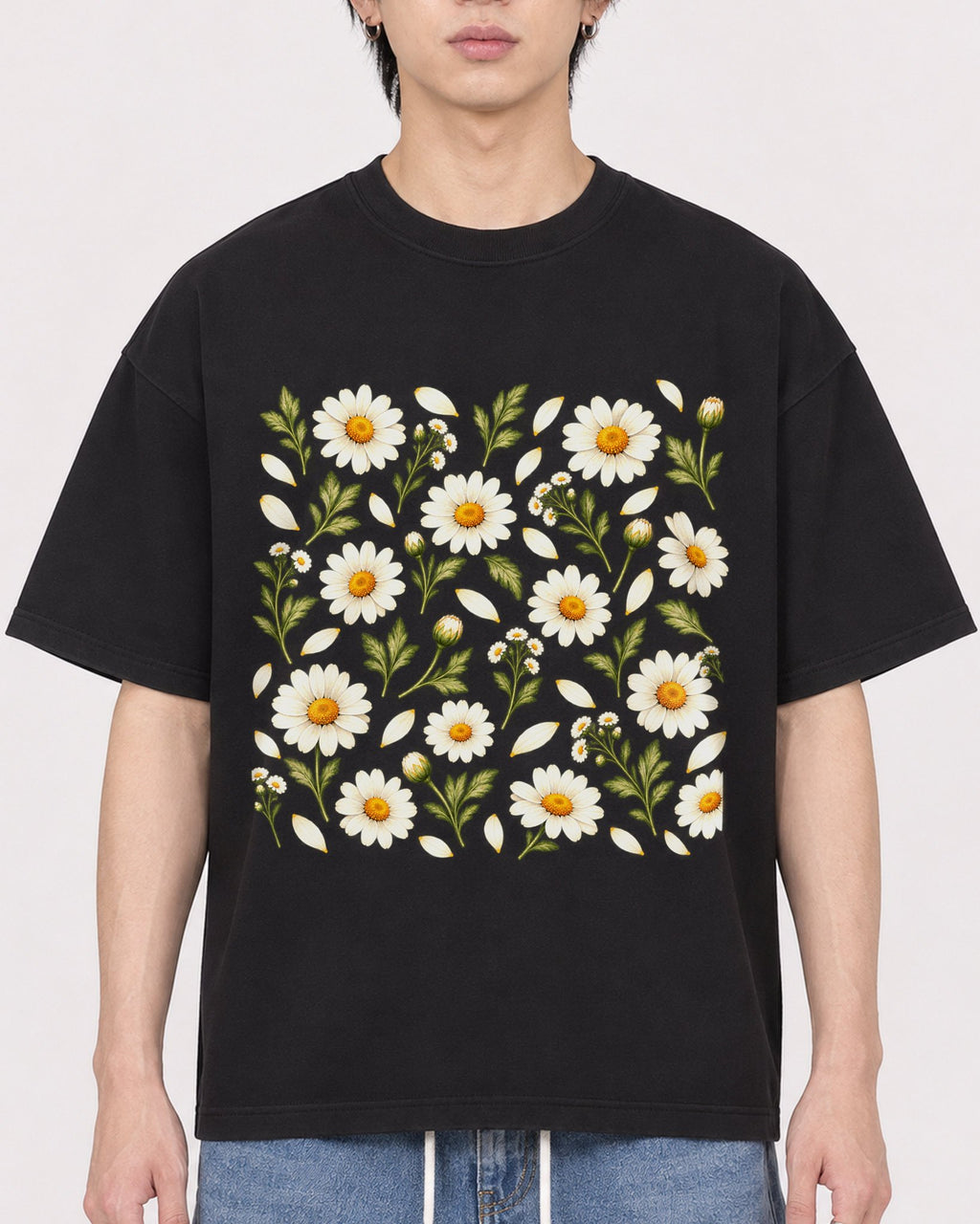 Mockup Boxy Heavyweight Tee Black male close-up 11