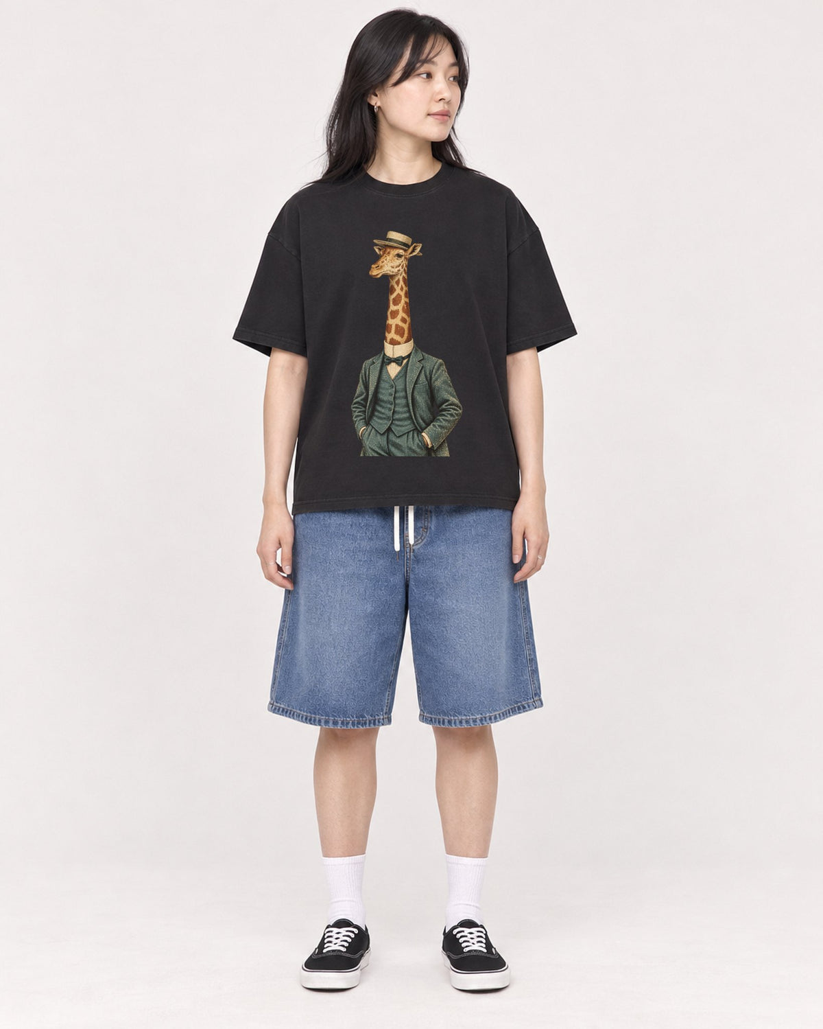 Mockup Boxy Heavyweight Tee Black female full-body 13