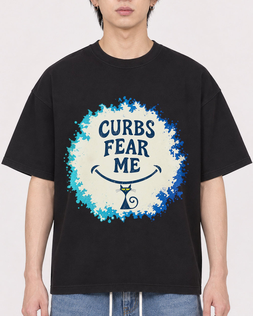 Mockup Boxy Heavyweight Tee Black male close-up 11