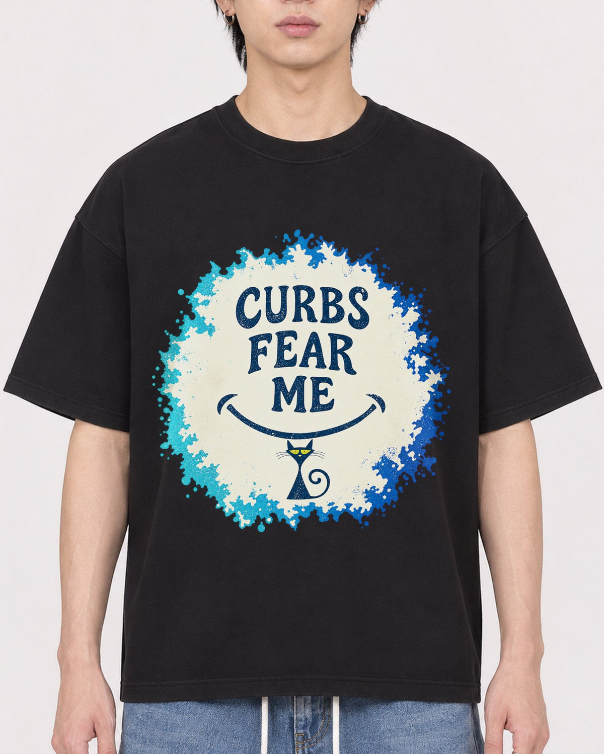 Mockup Boxy Heavyweight Tee Black male close-up 11