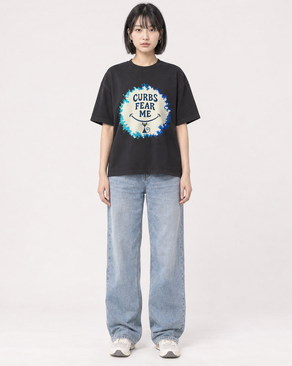Mockup Boxy Heavyweight Tee Black female full-body 11