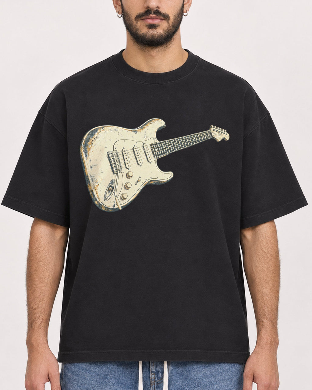 Mockup Boxy Heavyweight Tee Black male close-up 07