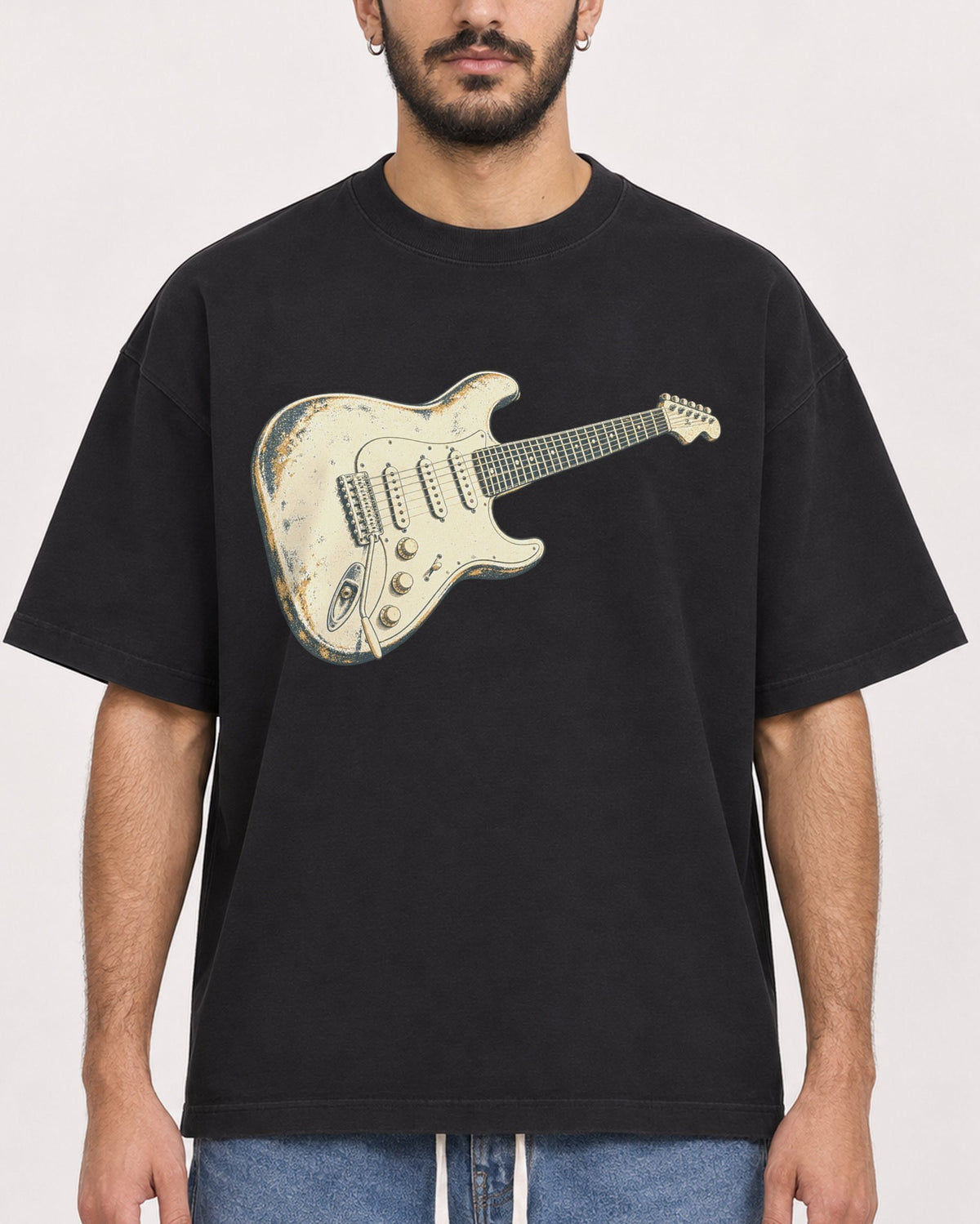 Mockup Boxy Heavyweight Tee Black male close-up 07