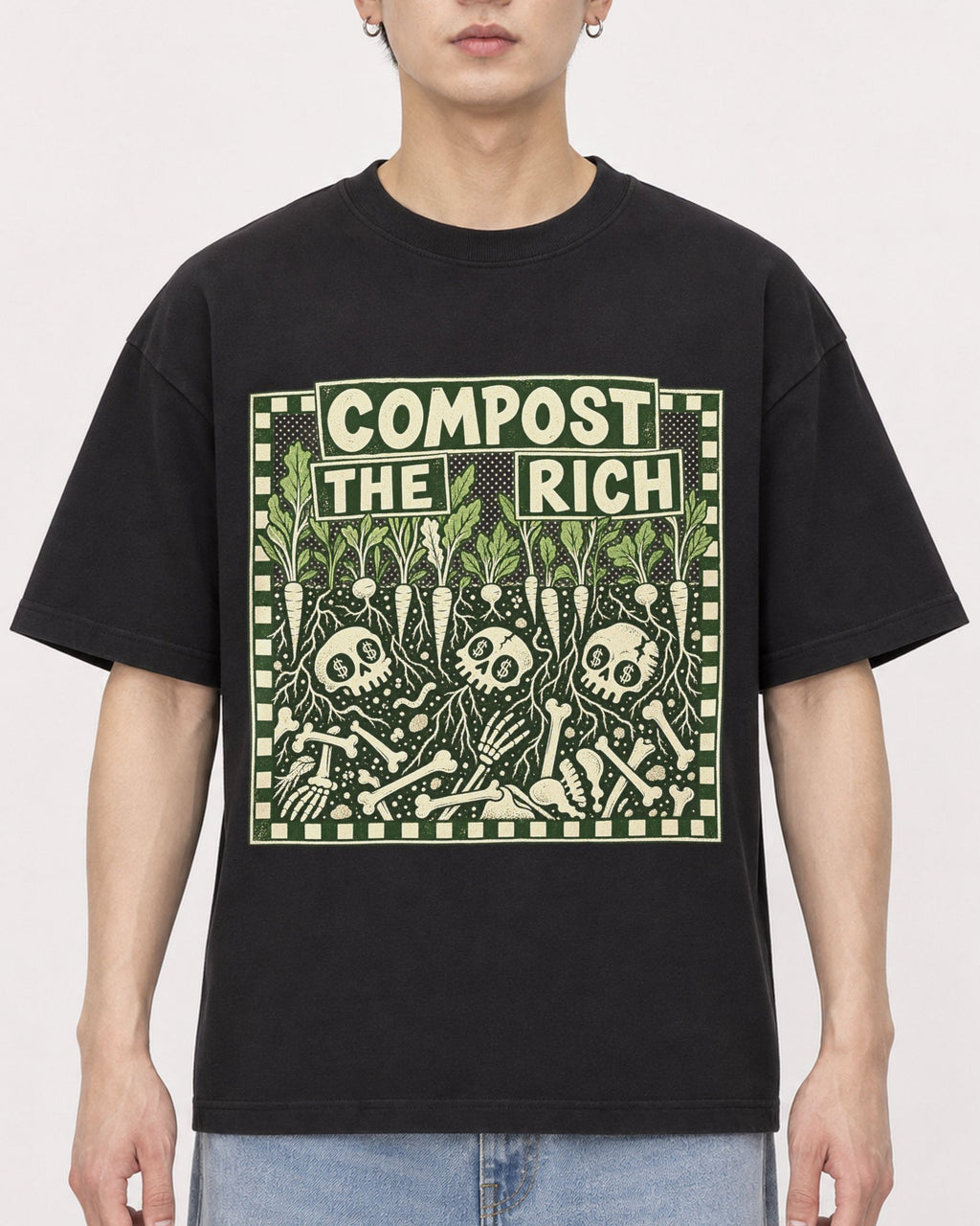Mockup Boxy Heavyweight Tee Black male close-up 01