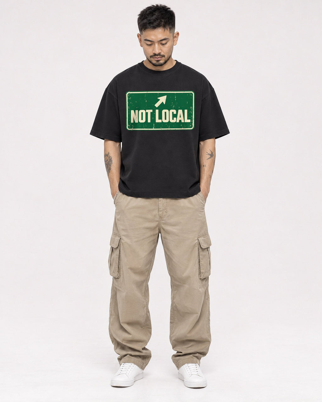 Mockup Boxy Heavyweight Tee Black male full-body 12