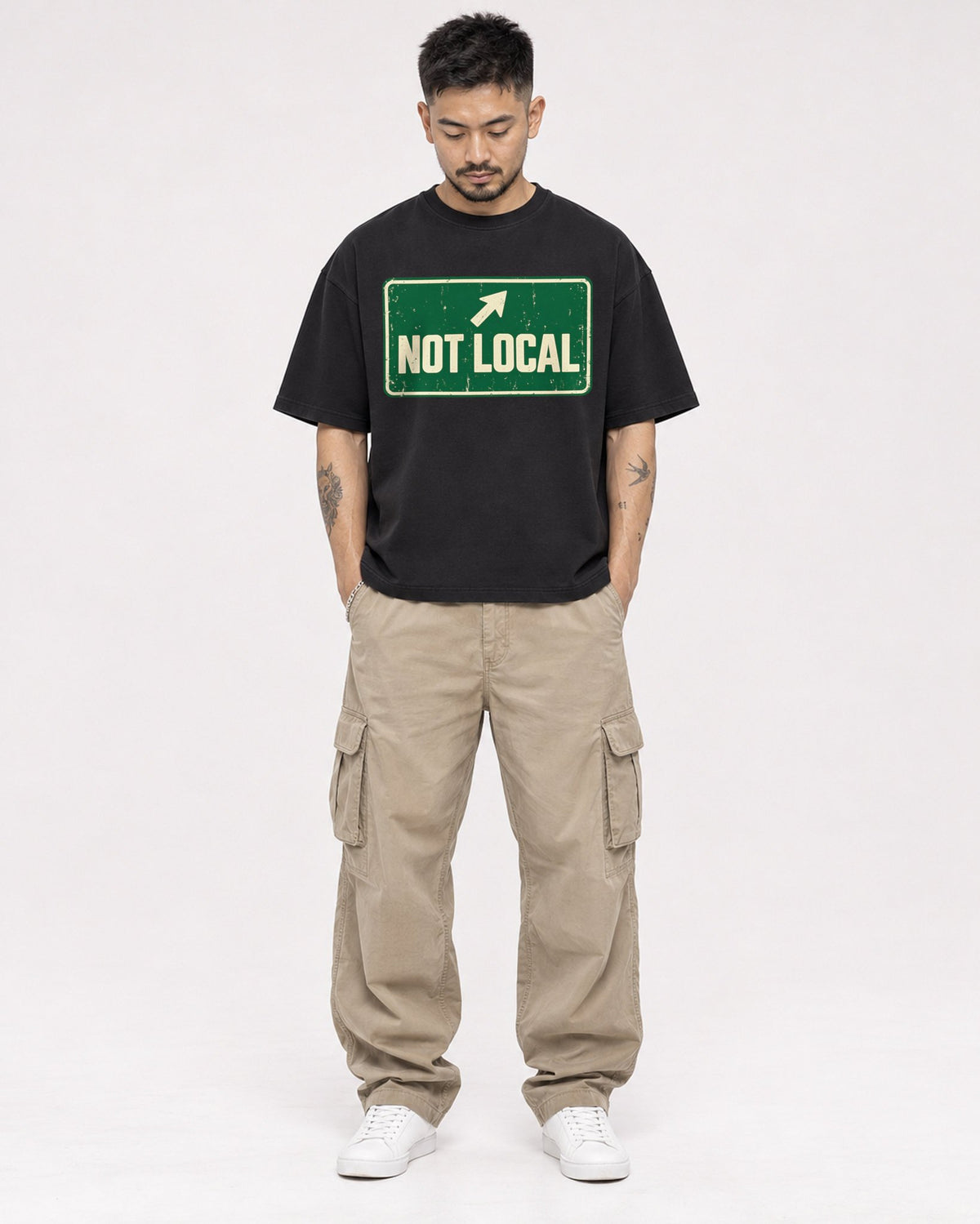 Mockup Boxy Heavyweight Tee Black male full-body 12