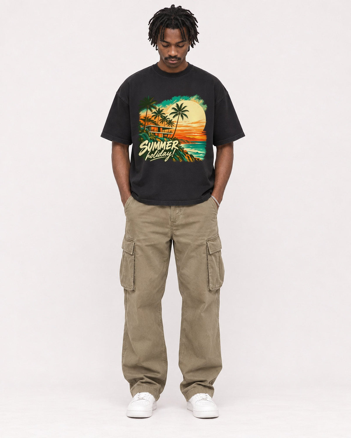 Mockup Boxy Heavyweight Tee Black male full-body 04