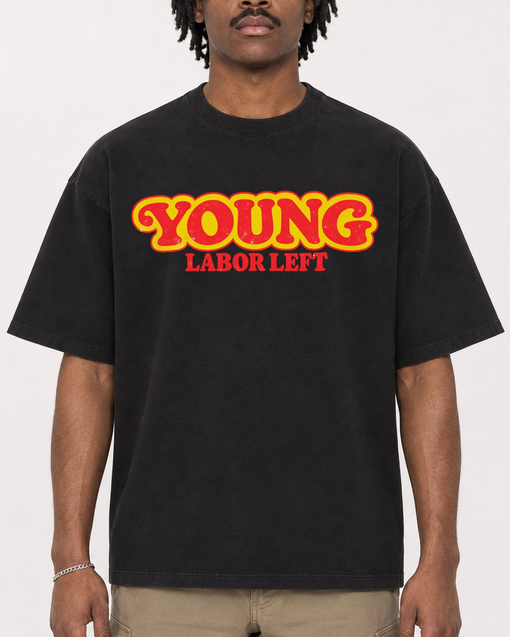 Mockup Boxy Heavyweight Tee Black male close-up 04