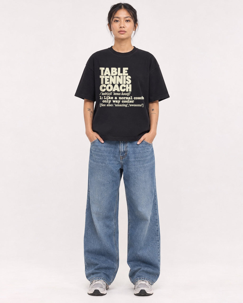 Mockup Boxy Heavyweight Tee Black female full-body 12