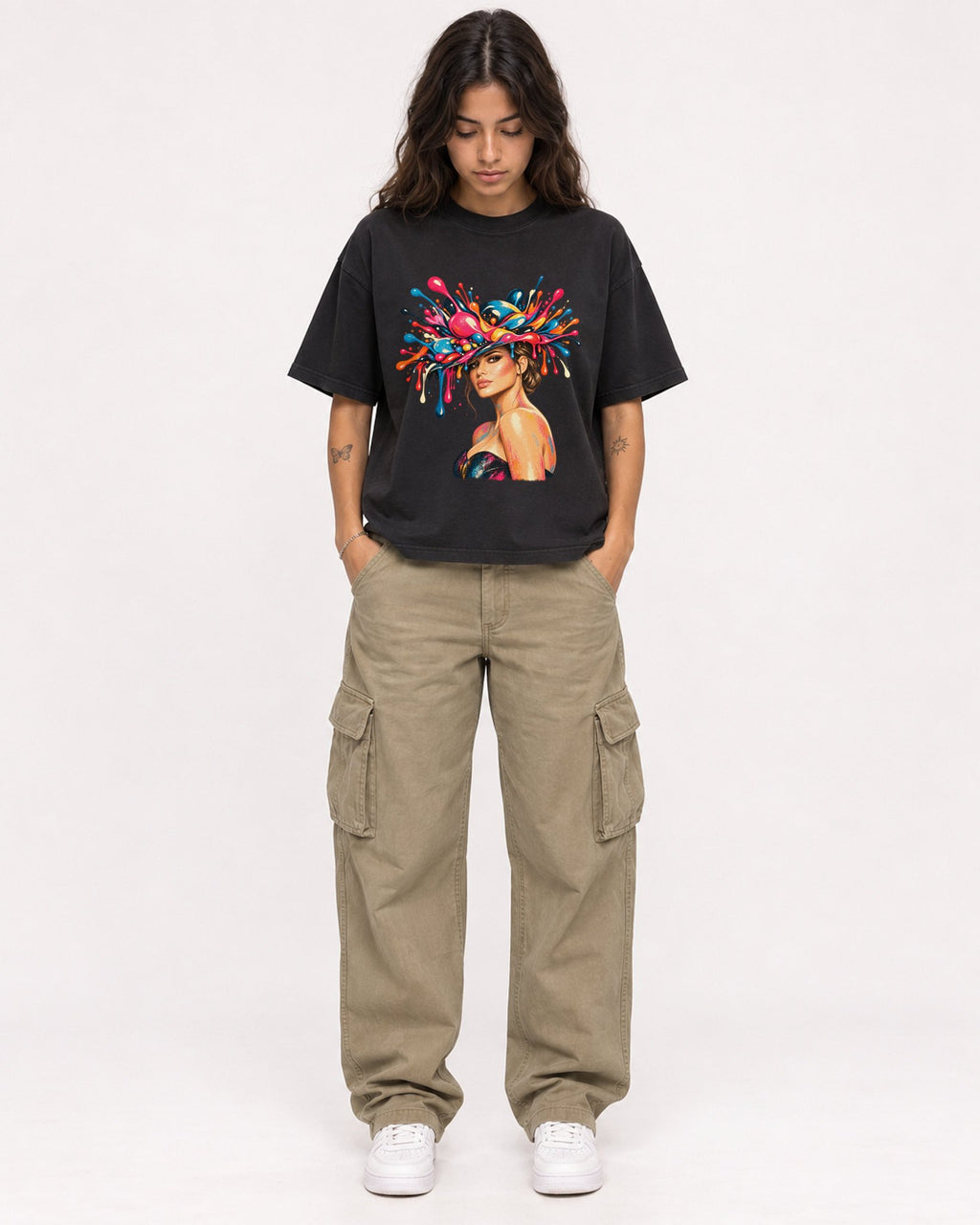 Mockup Boxy Heavyweight Tee Black female full-body 06
