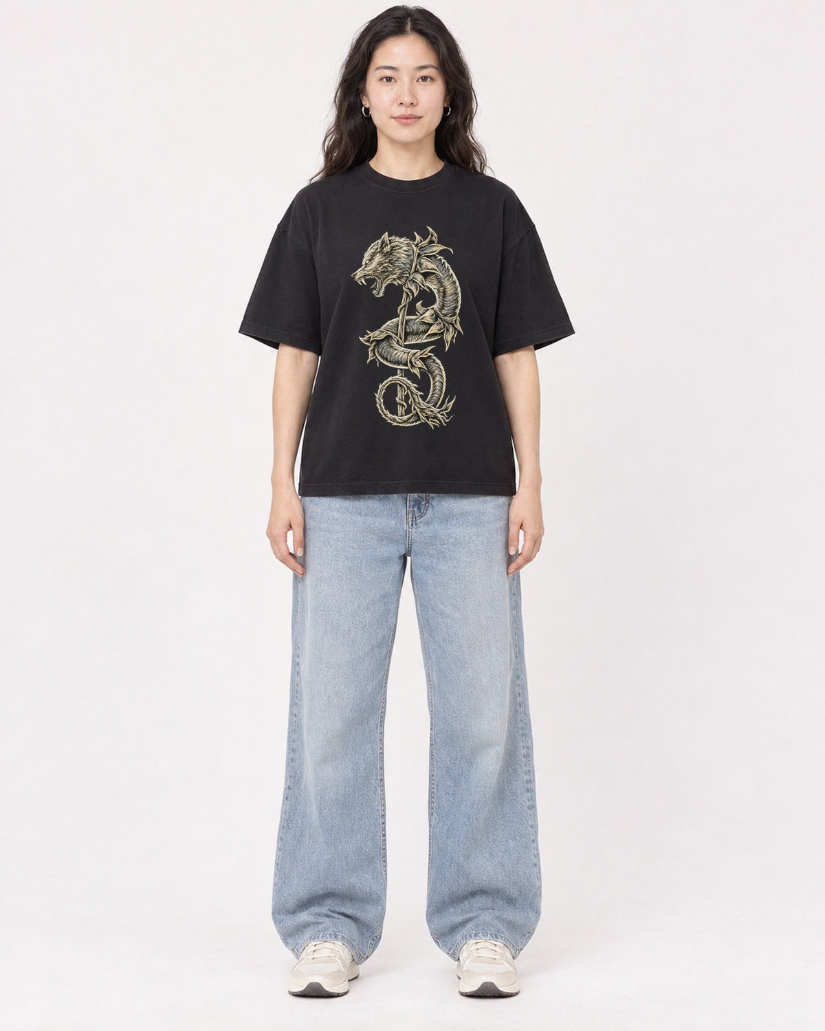 Mockup Boxy Heavyweight Tee Black female full-body 03