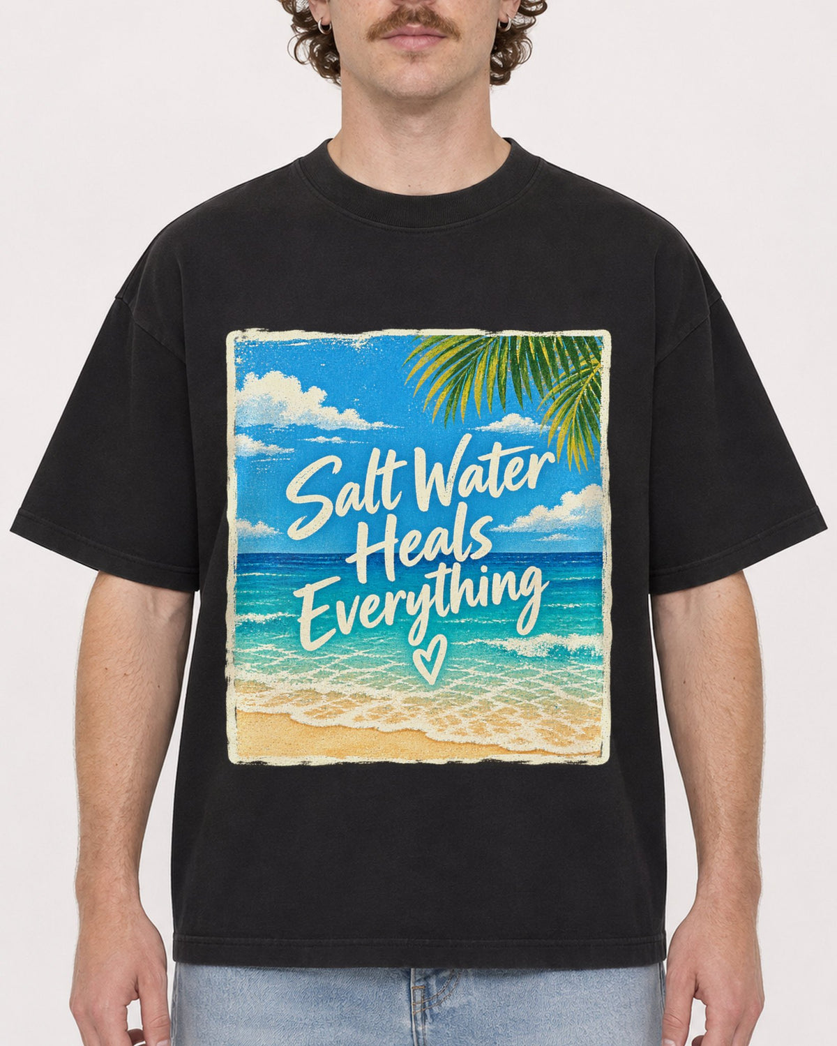 Mockup Boxy Heavyweight Tee Black male close-up 09