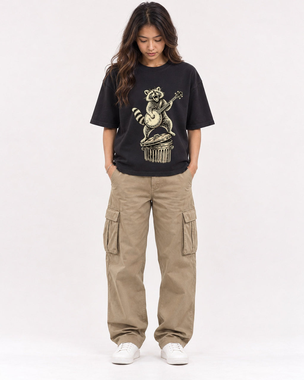 Mockup Boxy Heavyweight Tee Black female full-body 02
