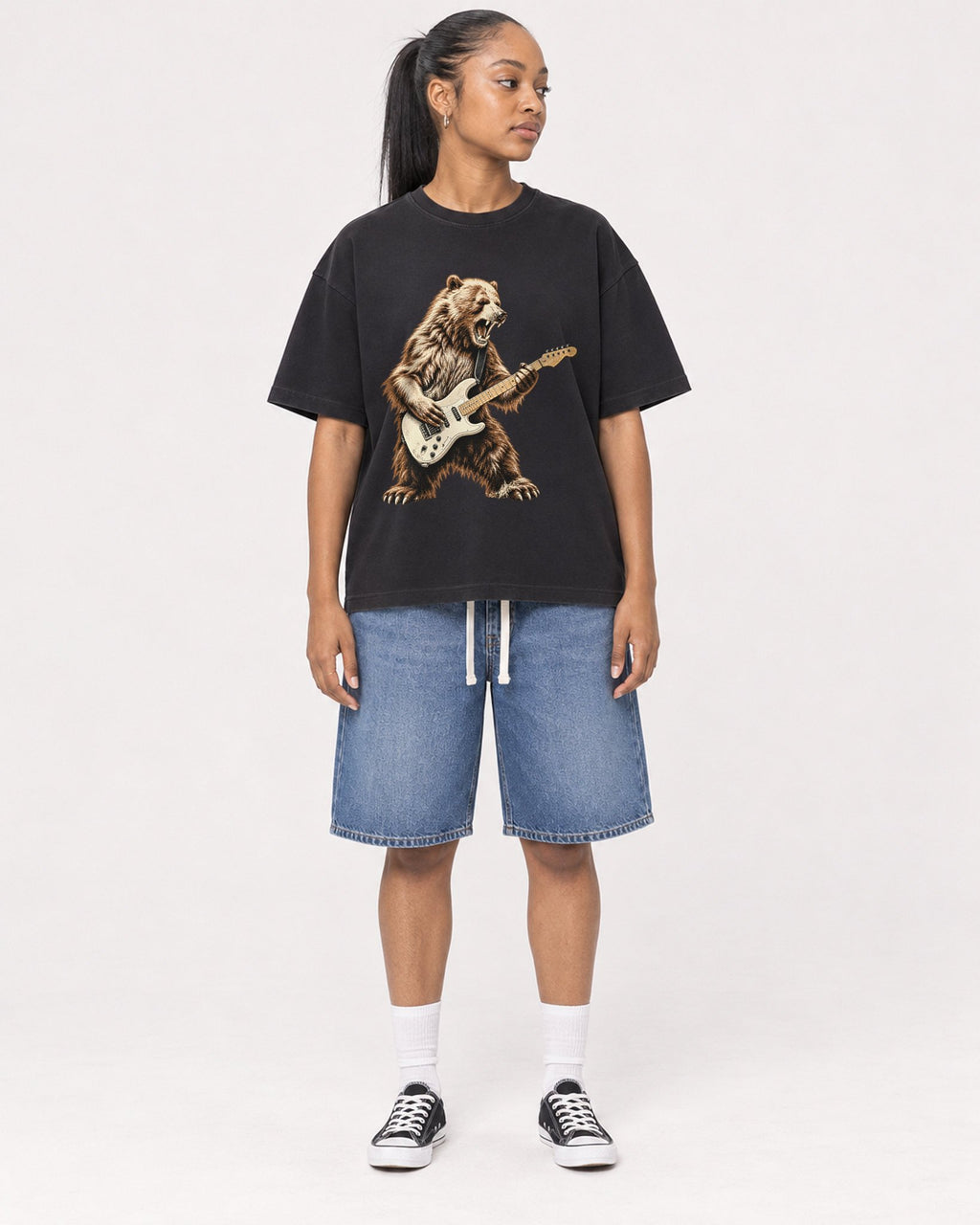 Mockup Boxy Heavyweight Tee Black female full-body 25