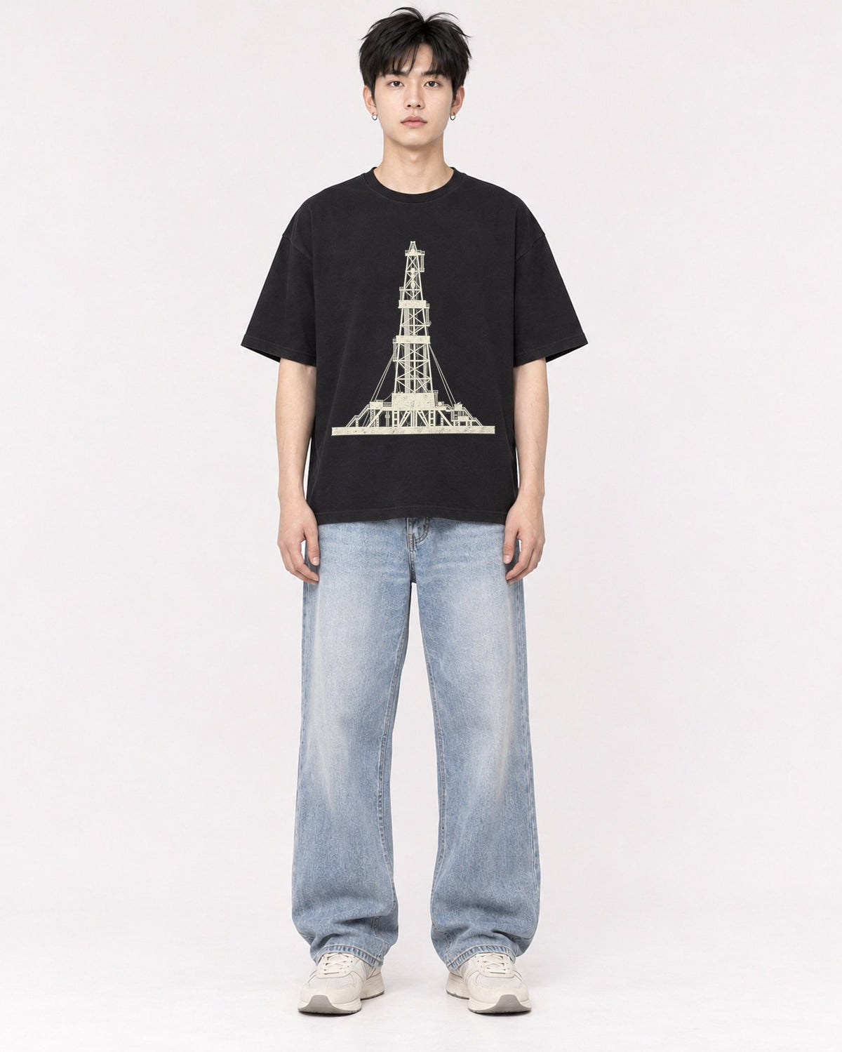 Mockup Boxy Heavyweight Tee Black male full-body 01