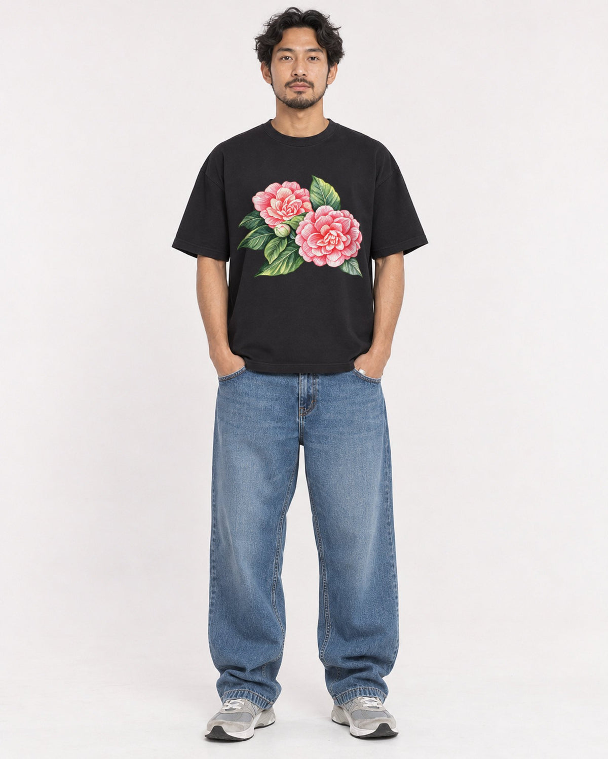 Mockup Boxy Heavyweight Tee Black male full-body 02