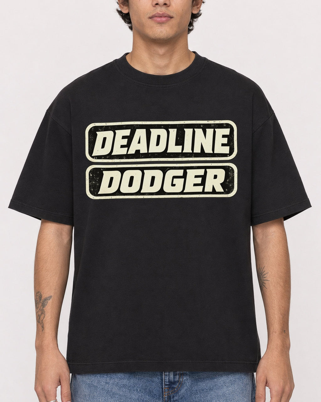 Mockup Boxy Heavyweight Tee Black male close-up 06