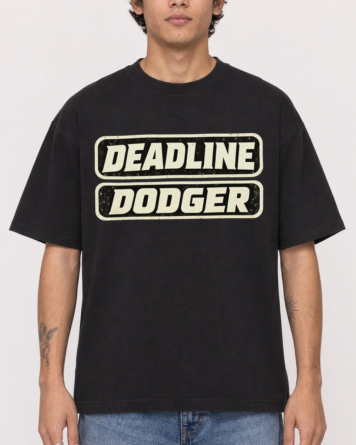 Mockup Boxy Heavyweight Tee Black male close-up 06