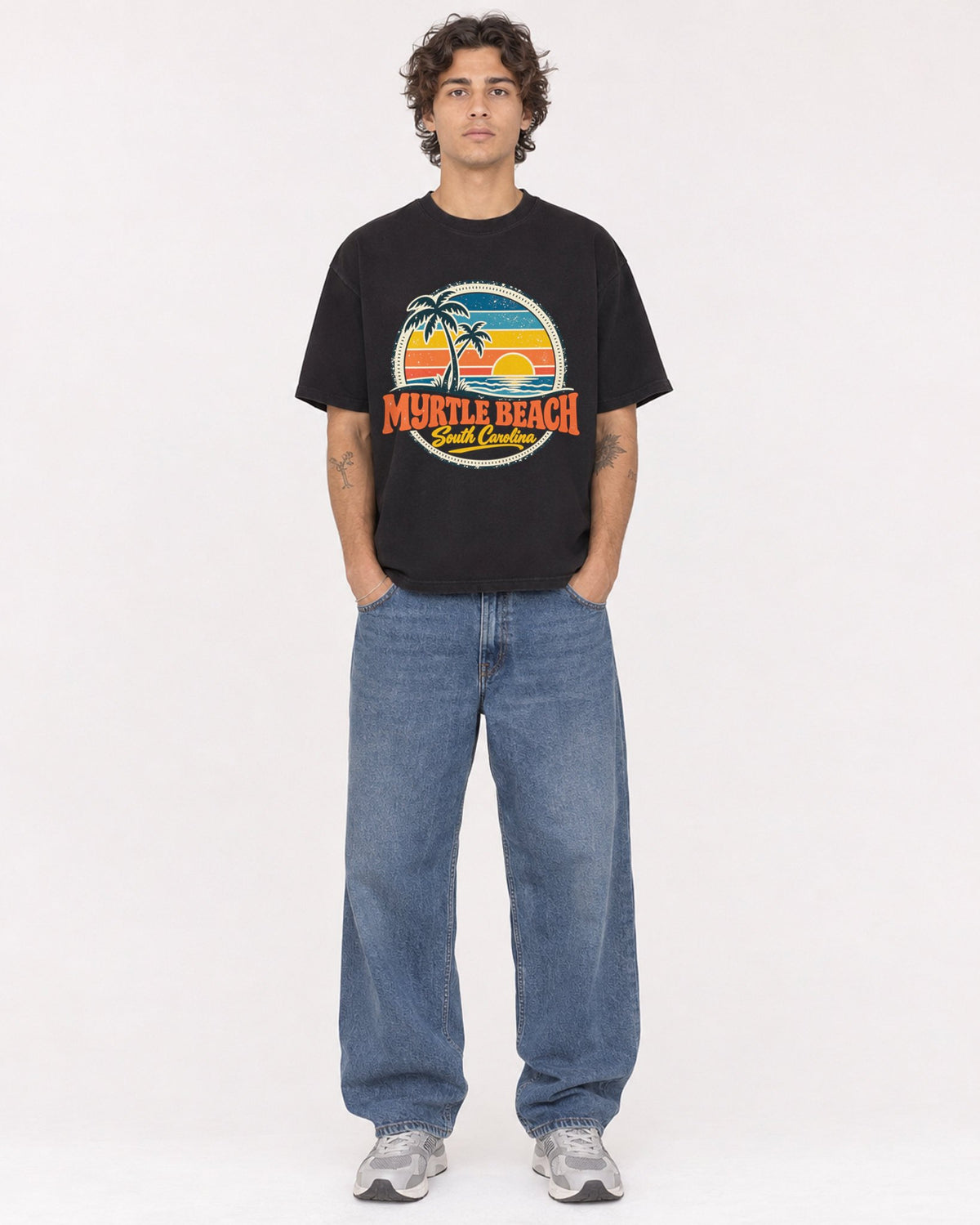 Mockup Boxy Heavyweight Tee Black male full-body 30