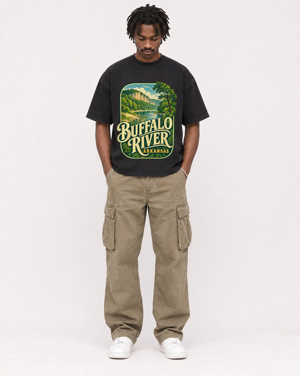 Mockup Boxy Heavyweight Tee Black male full-body 04