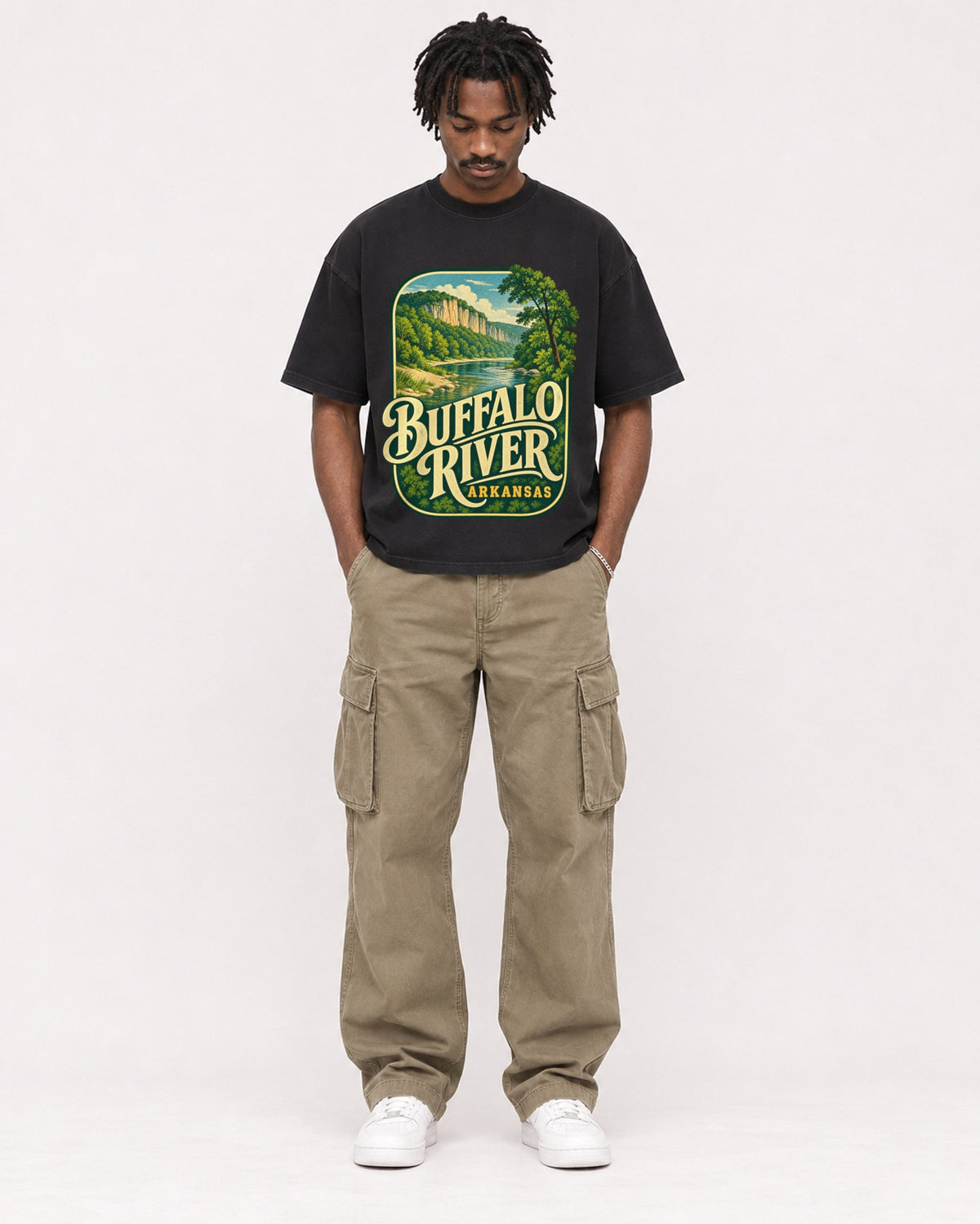 Mockup Boxy Heavyweight Tee Black male full-body 04