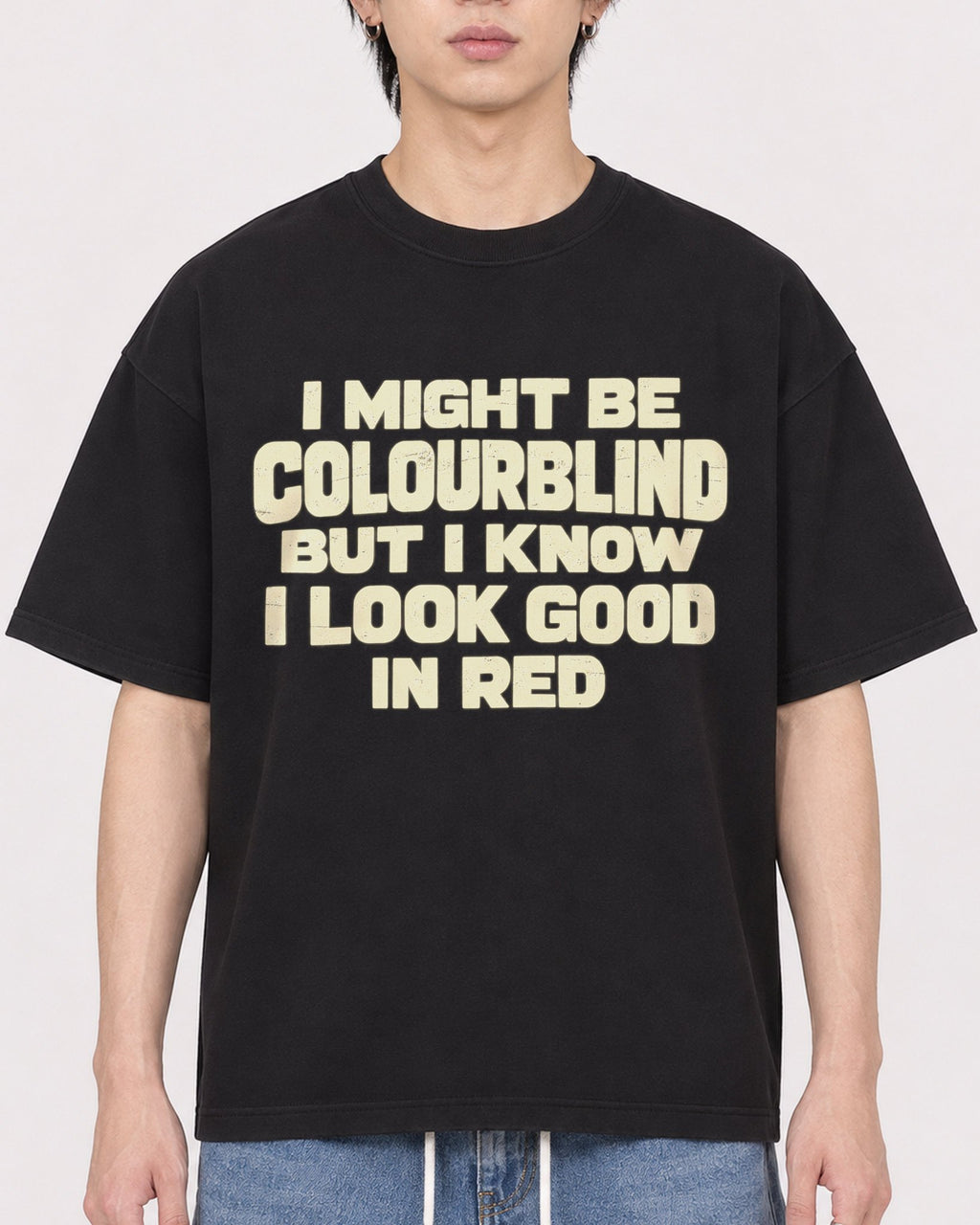 Mockup Boxy Heavyweight Tee Black male close-up 11