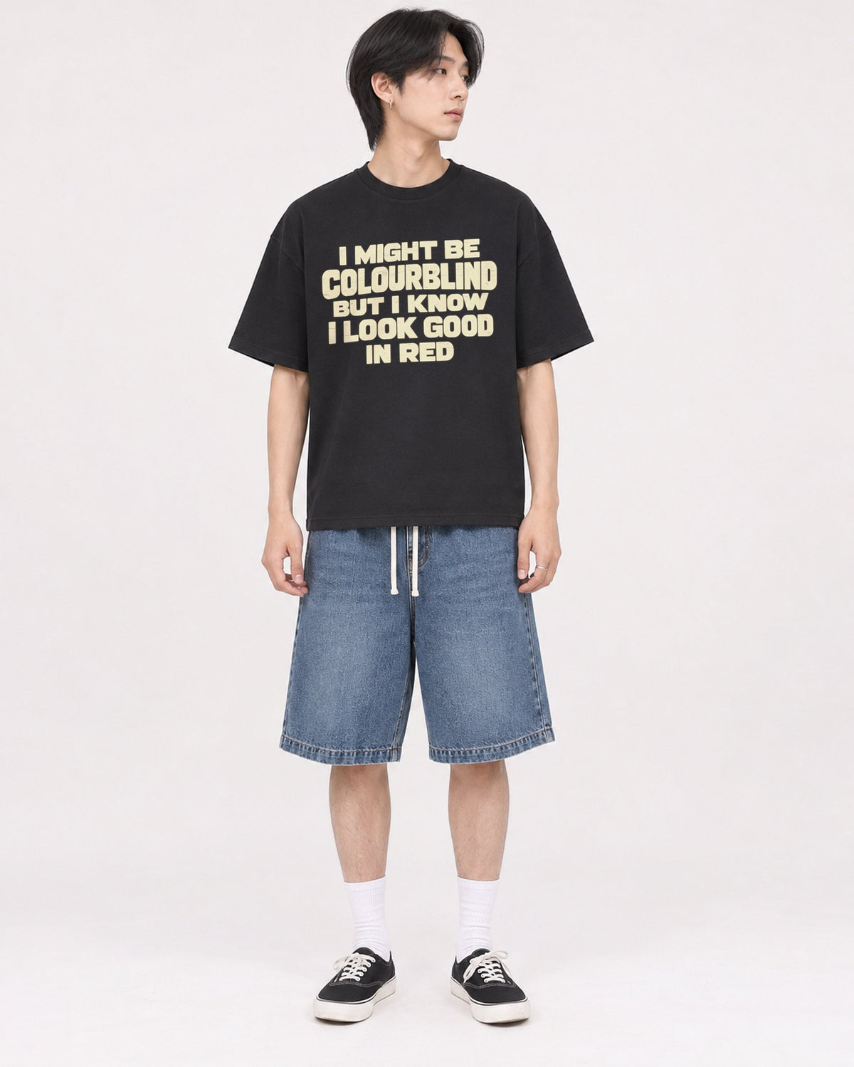 Mockup Boxy Heavyweight Tee Black male full-body 11