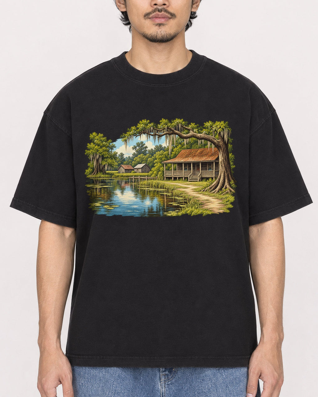 Mockup Boxy Heavyweight Tee Black male close-up 02